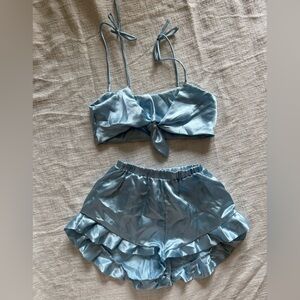 Satin Blue Tie-Front Sleepwear Set
